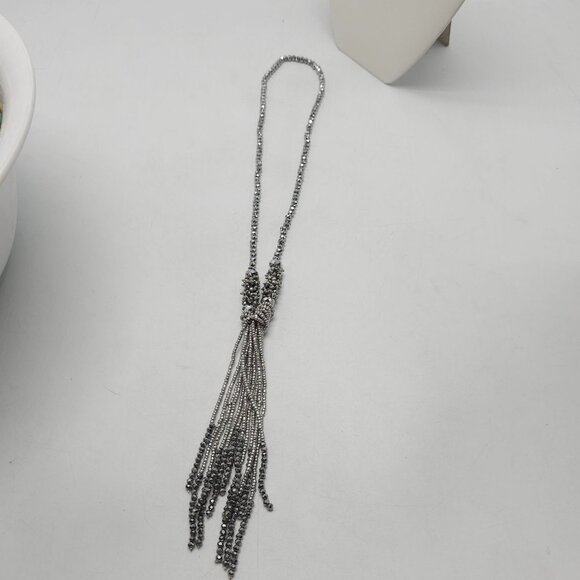 Sparkling Silver Beaded Tassel Necklace Faceted Beads Intricate Knot Design - Picture 6 of 7